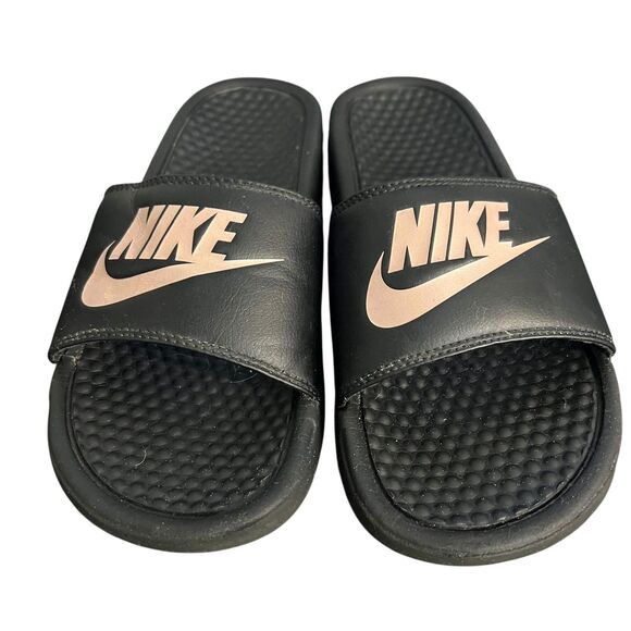 Nike Benassi JDI Slide Sandals Shoes Womens Size 7 Black Rose Gold 343880-007 - Picture 3 of 9